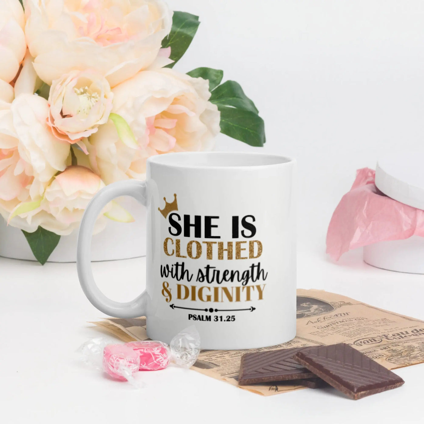 She is Clothed with Strength and Dignity - White glossy mug All Shades