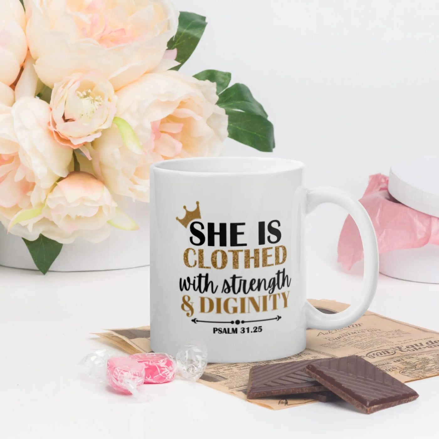 She is Clothed with Strength and Dignity - White glossy mug All Shades